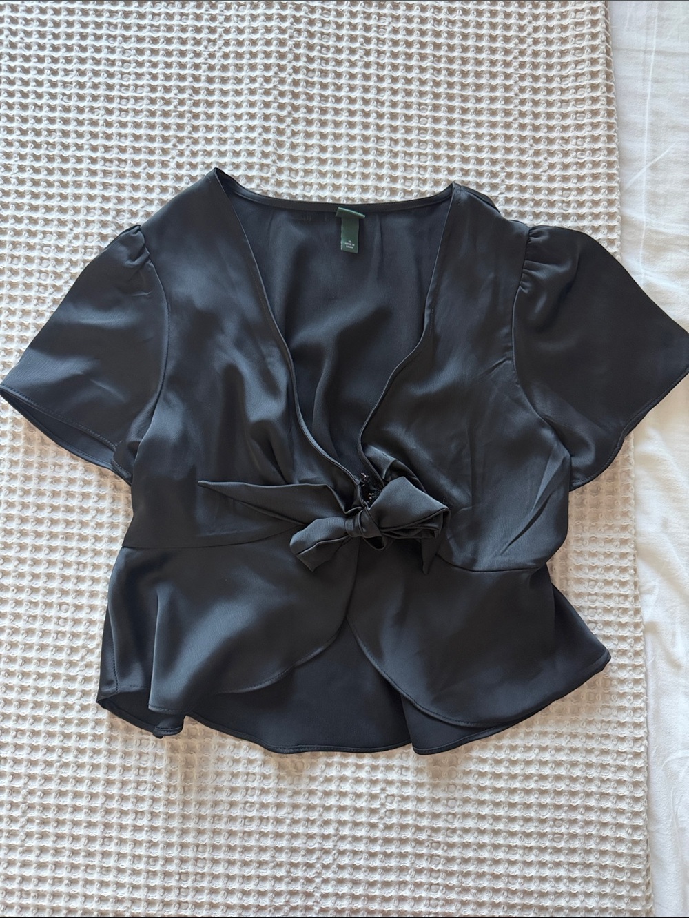 Black Satin Tie-Front Women's Top
